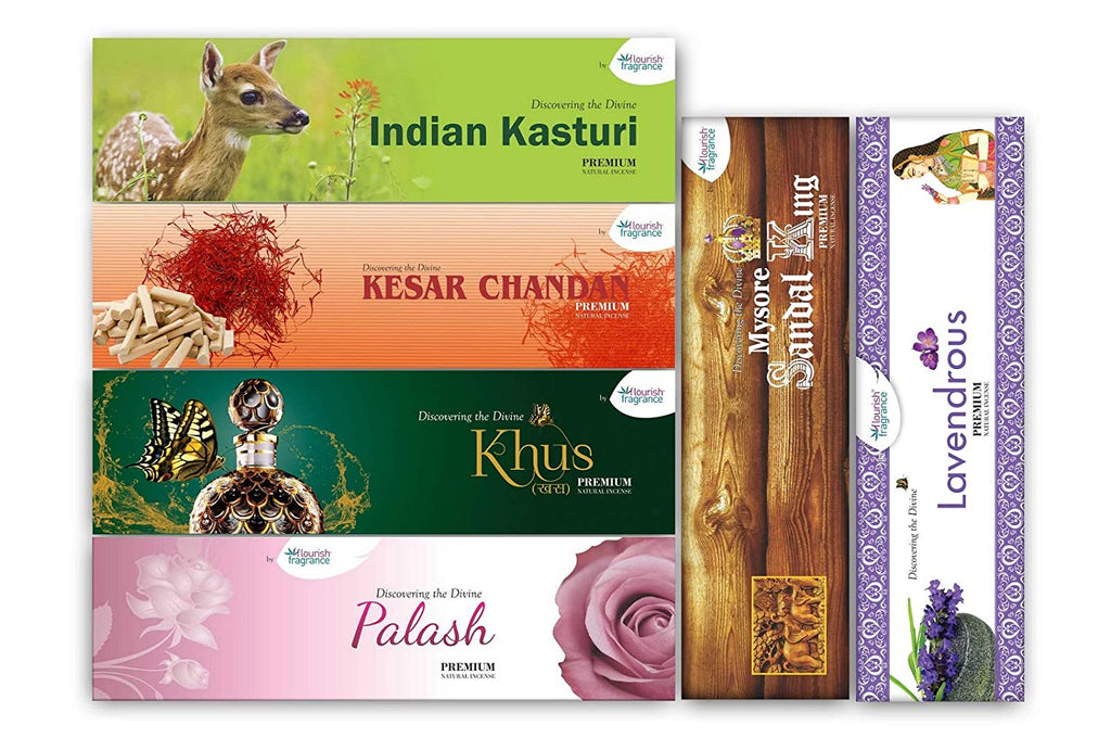 Flourish Fragrance Premium Incense combo pack of 6 Mysore kasturi, kesar Chandan, Khus, Palash, Mysore sandal king, Lavendrous