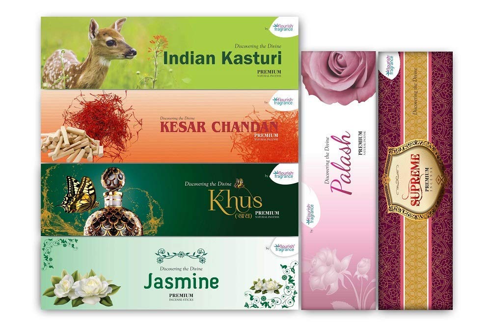 Flourish Fragrance Combo Pack of 6 Mysore kasturi, Kesar chandan, Khus, Palash, Supreme, Jasmine